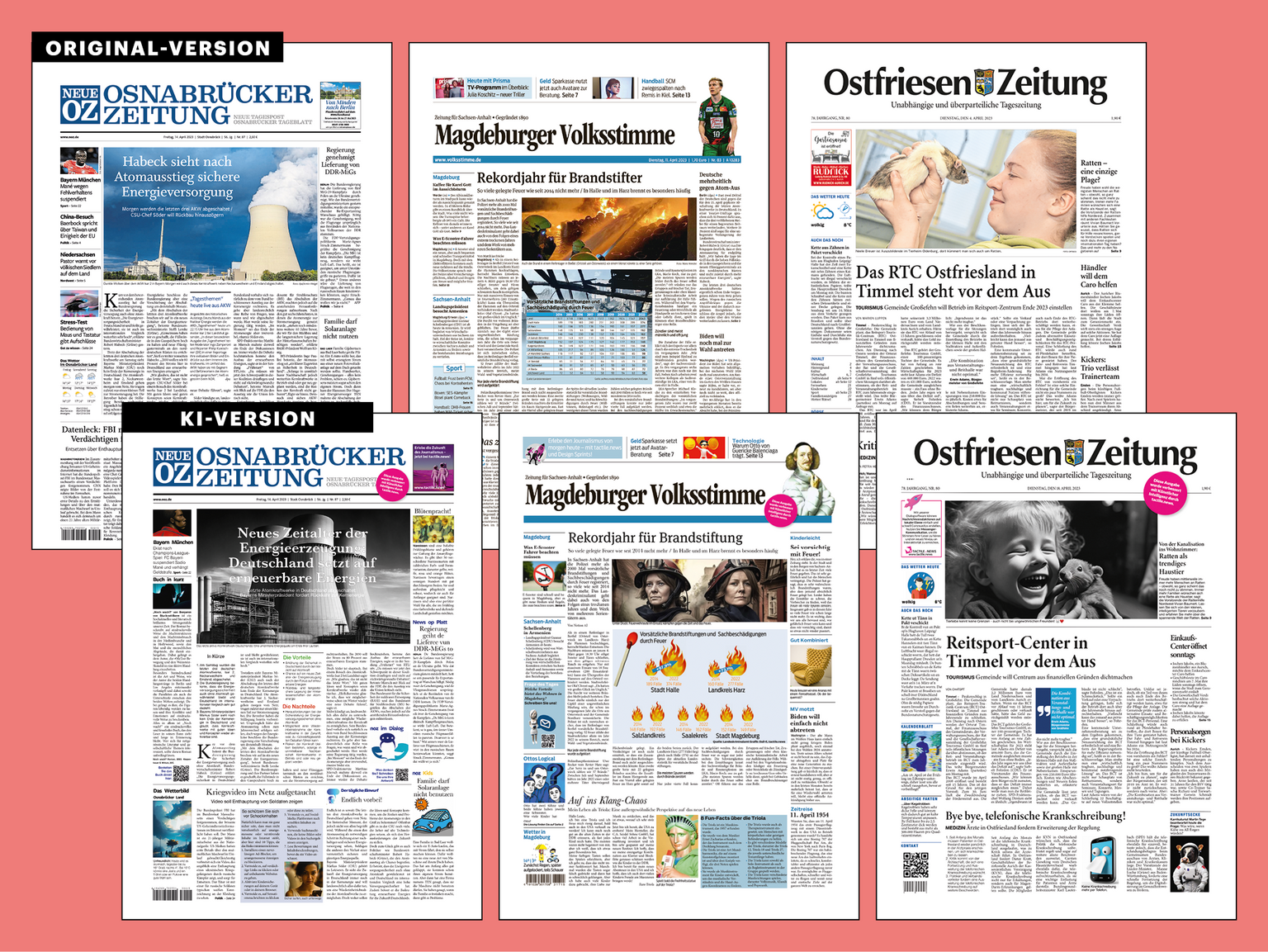  – So sehen die Titelseiten im Vergleich aus: Oben die drei Originalversionen, unten die KI-basierten Varianten der Lokalzeitungen. 