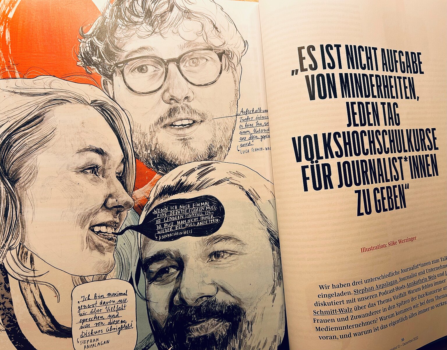 – Warum fehlen immer noch Frauen und Zuwanderer in den Spitzen der Unternehmen? Wieso kommen wir in Diversity-Fragen so langsam voran? Und warum ist das alles immer so verkrampft? Stephan Anpalagan, Annkathrin Weis und Luca Schmitt-Walz (Illustration: Silke Werzinger)