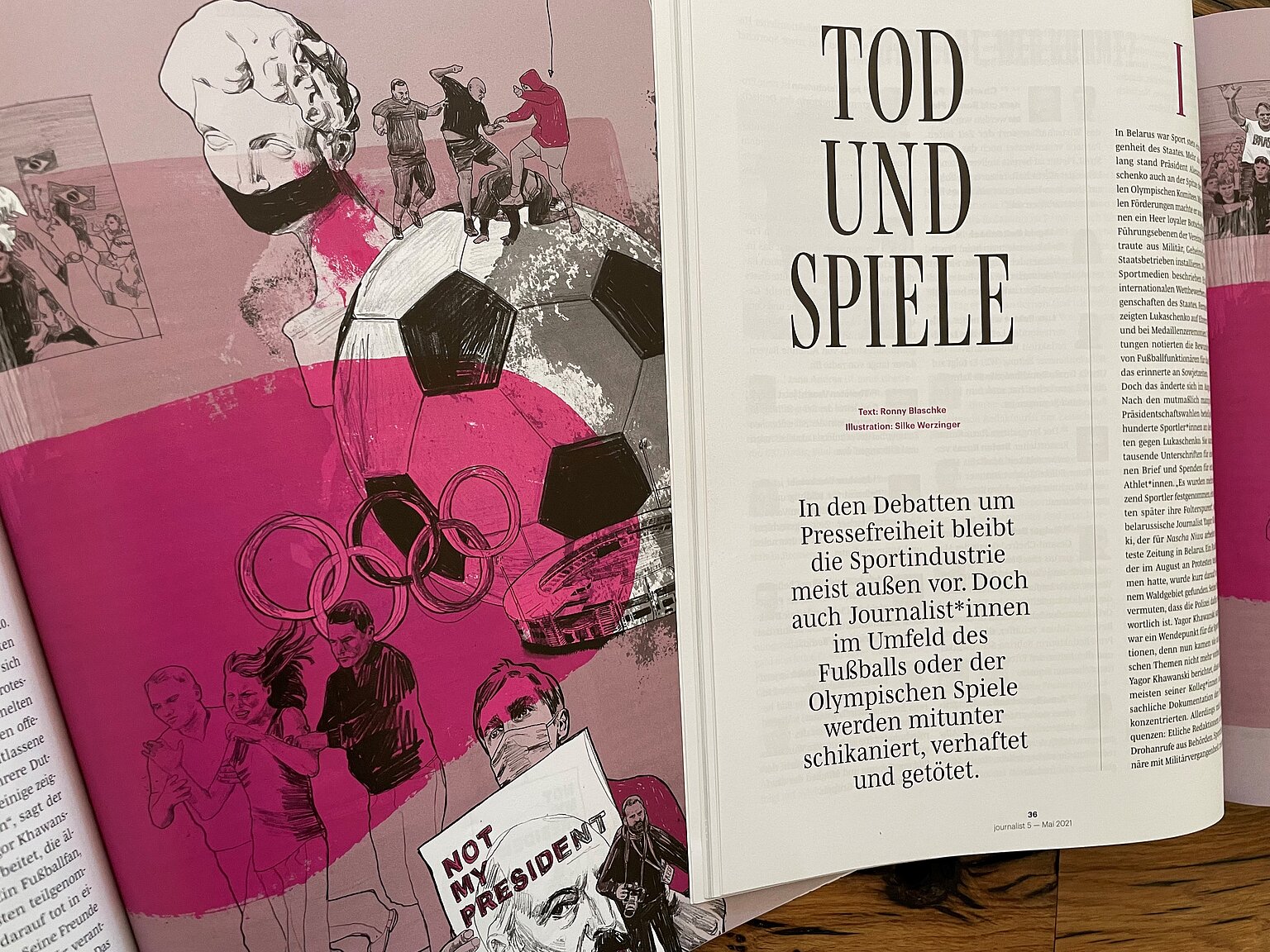 – Tod und Spiele: Weltweit werden Sportjournalist*innen bedroht. (Illustration: Silke Werzinger)